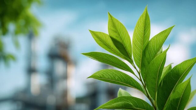 Green Leaf's Synergy with Industry: A vibrant, detailed image showcases fresh, green leaves in sharp focus, harmonizing with a blurred backdrop of an industrial facility and a bright blue sky.