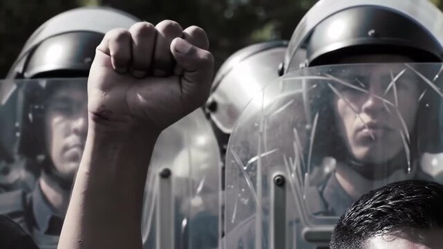 A raised fist symbolizes protest before a line of riot police. The scene captures defiance and social unrest under bright sunlight in a public outdoor space.
