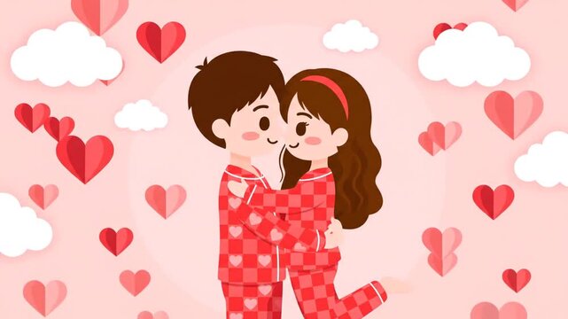 Charming Couple Hugging in Valentine Day Pajamas, Surrounded by Hearts and Clouds, Romantic Love Illustration for Greeting Cards and Decorations