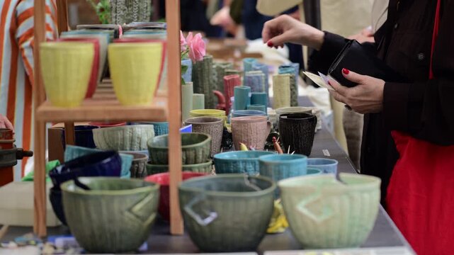 Handcrafted pottery items displayed on a stall at an outdoor market with a person browsing