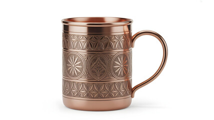 Elegant copper mug with decorative floral and geometric pattern isolated on white.