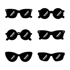 Set of black sunglasses icons in various shapes for summer fashion design