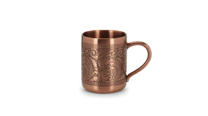 Close-up of an ornate bronze mug with a handle, isolated.