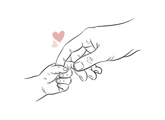 Hand drawn line art illustration of adult holding baby finger with hearts