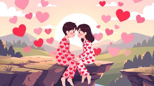 Cute Couple in Valentine Day Pajamas Holding Hands on Cliff Edge at Sunrise with Hearts Floating