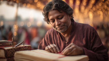 A man writing in a book at the Ekushey Book Fair, Bangladesh, surrounded by a crowd of people