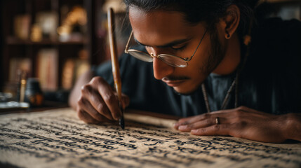 Man writing on a large paper at Ekushey Book Fair in Bangladesh