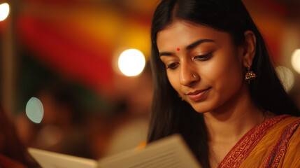 A young woman reads a book at the Ekushey Book Fair in Bangladesh on a vibrant evening