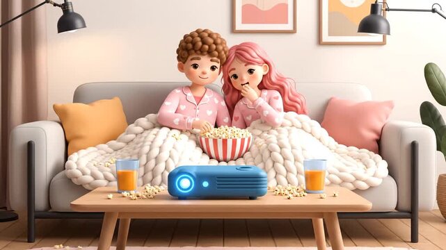 Cute Couple in Valentine Day Pajamas Enjoying a Movie Night with Popcorn and Projector, Cozy Home Ambiance