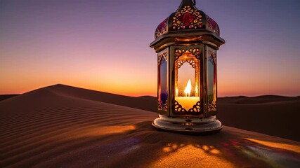 An exquisitely crafted traditional Arabic lantern glowing warmly with a candle flame stands majestically on a desert dune as the sun sets casting a vibrant array of purple orange and golden hues acro.