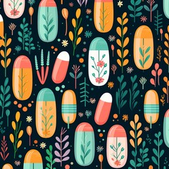 Colorful Botanical Pattern with Abstract Plants and Seed Pods for Textile Design, 70s Style