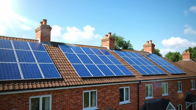Row of red brick terraced houses featuring solar panels on roofs, set against a bright blue sky with sun flare. Clean, renewable energy concept.