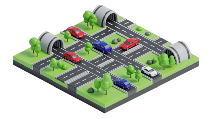Isometric city diorama with cars and tunnels