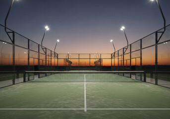 Fototapeta premium Padel Tennis Court at Dusk Illuminated by Bright Stadium Lights