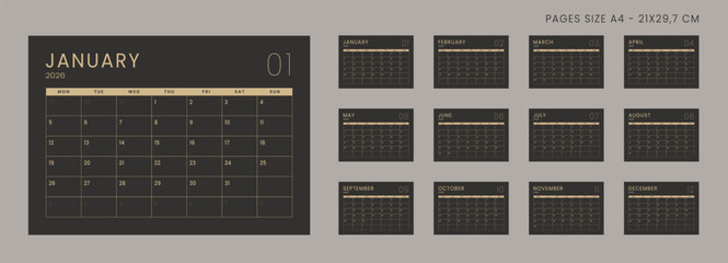 Set of 12 Pages Monthly Calendar Planner Templates on 2026 year. Vector mockup of a wall or desktop calendar organizer grid with the week starting on Monday ready print. Page for size A4 -21x29.7 cm