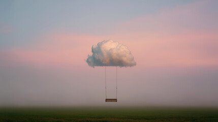Single cloud with a wooden swing floating above green grass and mist, pastel pink sky, dreamy minimalist and surreal landscape