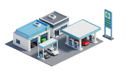 Isometric Gas Station and Service Center with Cars