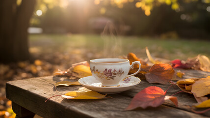 Elegant teacup on rustic wooden table surrounded by autumn leaves.