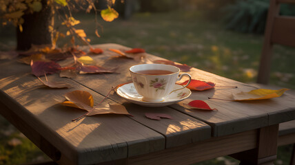 Afternoon tea cup and autumn leaves on a wooden table