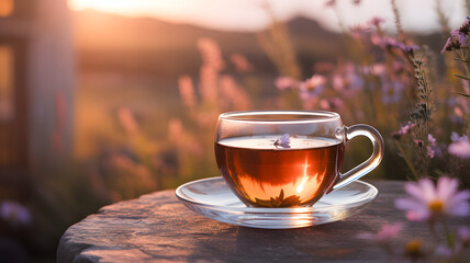 Aromatic tea in a clear cup and saucer at sunset.