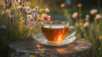 Clear cup of tea on stone surface with flower background.