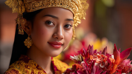 Portrait of a woman in traditional attire celebrating Balingkang Festival in Indonesia with vibrant flowers