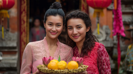 Two women in traditional attire celebrating Balingkang Festival in Indonesia with a basket of fruits