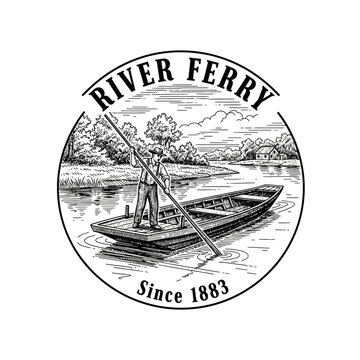 Man rowing a boat on a river with the text River Ferry Since 1883.