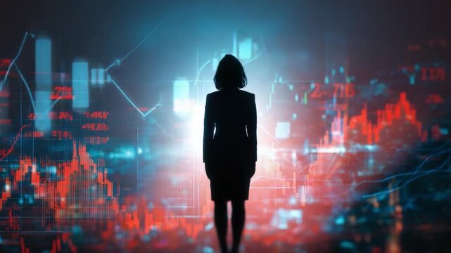 Navigate the Markets: A composed businesswoman stands resolutely, gazing into the complex, dynamic world of financial markets, where data streams illuminate a path of opportunity. 