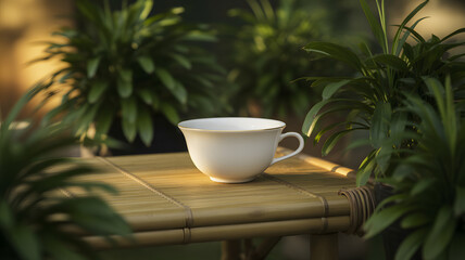Elegant teacup on a bamboo table surrounded by green plants.