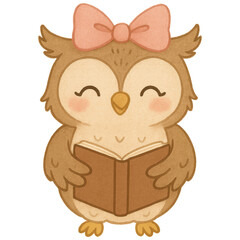 Wise Owl's Literary Pursuit: A charming illustration depicts a cheerful owl, adorned with a delicate bow, engrossed in the pages of a book, embodying the spirit of learning and knowledge.