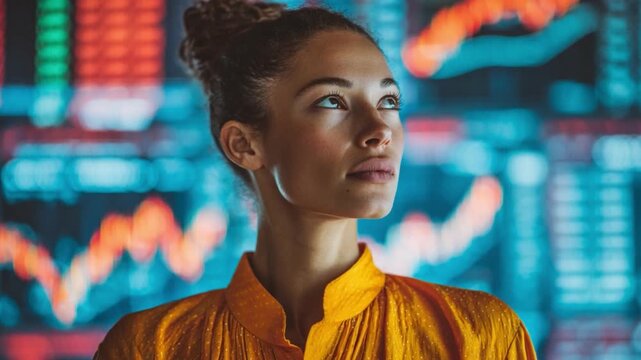 Strategic Vision: A focused businesswoman gazes towards the future, with a backdrop of dynamic stock market data, embodying a visionary leadership in financial industry