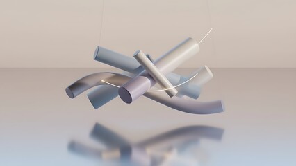 Minimalist abstract 3D render featuring floating cylindrical and curved shapes with soft lighting and neutral tones. Modern artistic composition suitable for design, branding, and creative backgrounds