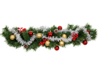 Christmas garland decorated with festive ornaments, shimmering silver tinsel, vibrant red berries, and natural pinecones, creating a joyful holiday decoration.