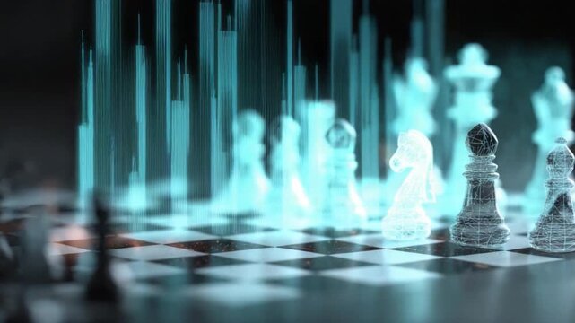 Chessboard of Strategy: A chessboard filled with transparent pieces, symbolizing strategic thinking, complex decisions, and the intellectual game of chess.