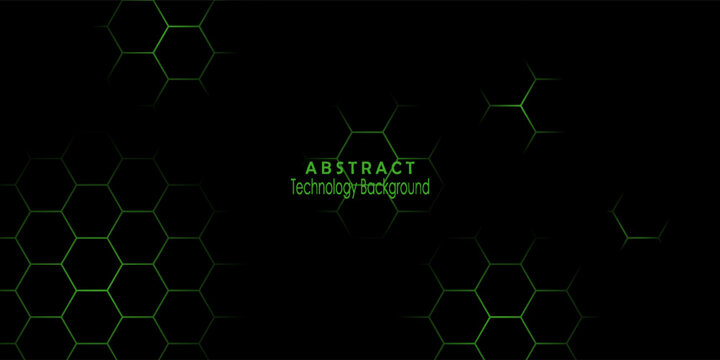 Futuristic green hexagon pattern glowing on a dark black background, representing technology, digital networks, and modern science concepts.