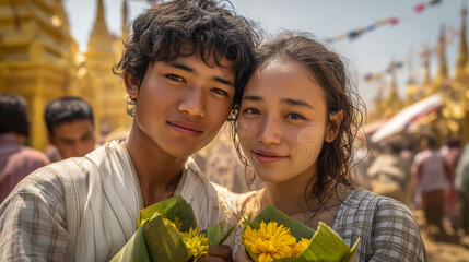 Young couple celebrating Mann Shwe Settaw Pagoda Festival at Magwe Region, Myanmar with flowers