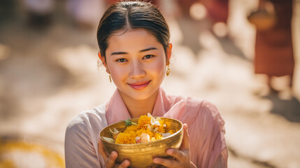 Celebrating Mann Shwe Settaw Pagoda Festival in Magwe Region, Myanmar, a young woman holds a bowl of offerings