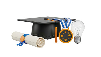Graduation Cap, Diploma, Medal, and Lightbulb