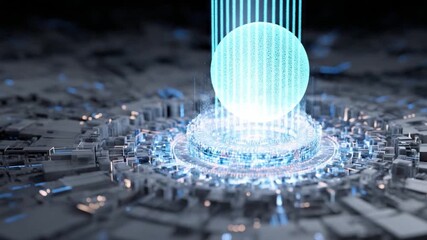 Futuristic Tech: Illuminated abstract sphere levitates above a high-tech circuit board with radiating light, capturing innovation