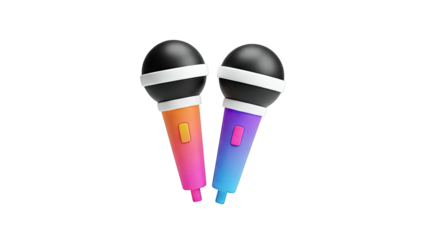 Two cartoon microphones with black heads and colorful handles