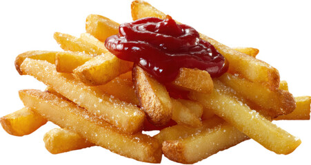 Golden fries topped with ketchup on a white background.