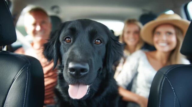 Road Trip Companions: A heartwarming scene unfolds inside a car as a happy family, including a beloved canine, embark on a joyful journey, symbolizing togetherness and shared experiences.