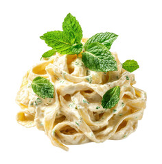 Creamy fettuccine pasta topped with fresh mint leaves, vibrant and appetizing.