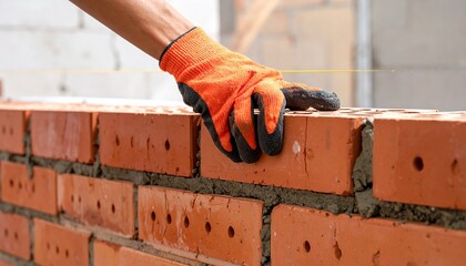 Bricklayer's hand in orange glove building a wall with cement