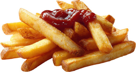 A pile of crispy golden French fries topped with ketchup.
