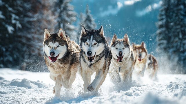 Siberian Huskies Running in Snowy Landscape.