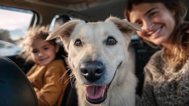 Joyful Journey: A heartwarming scene unfolds within a car as a happy dog, a smiling child, and an equally delighted woman share a moment of connection during a car ride. The scene portrays unity.