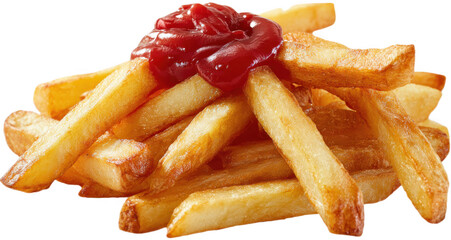 A delicious pile of golden French fries topped with ketchup.
