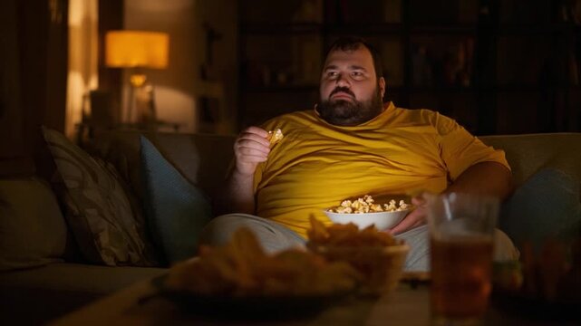 The weight of Indulgence: a person engrossed in a late-night feast, illuminated by the warm glow of the television